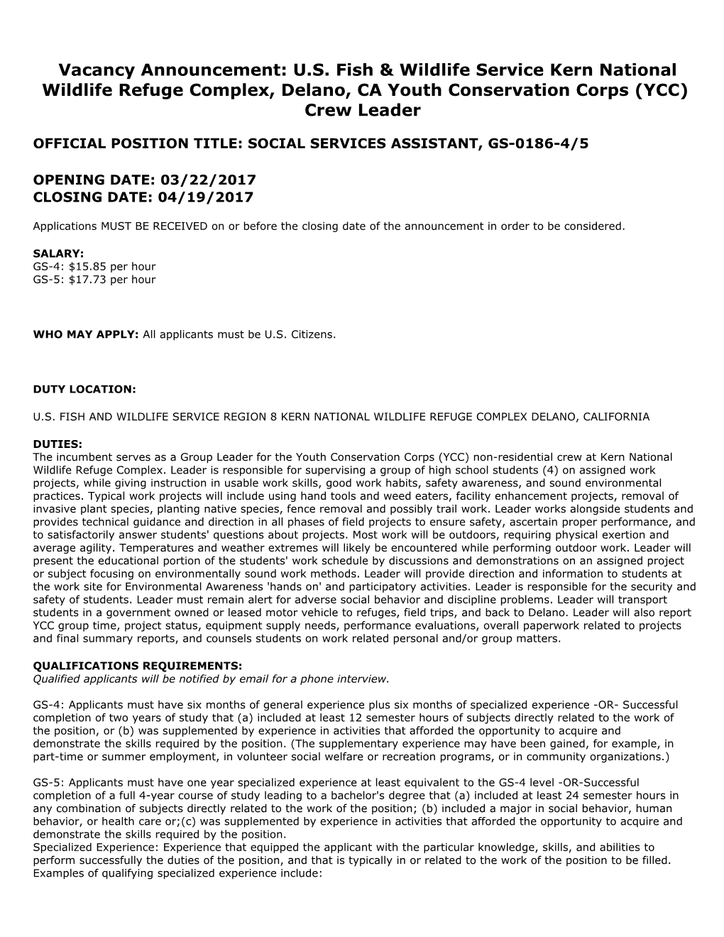 Official Position Title: Social Services Assistant, Gs-0186-4/5