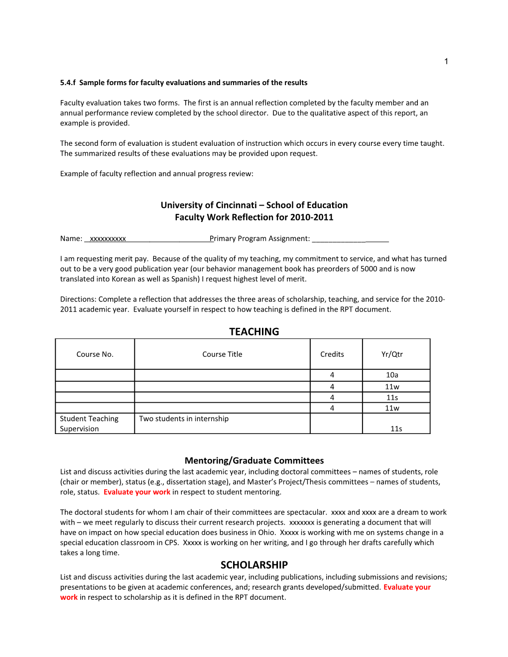 5.4.F Sample Forms for Faculty Evaluations and Summaries of the Results
