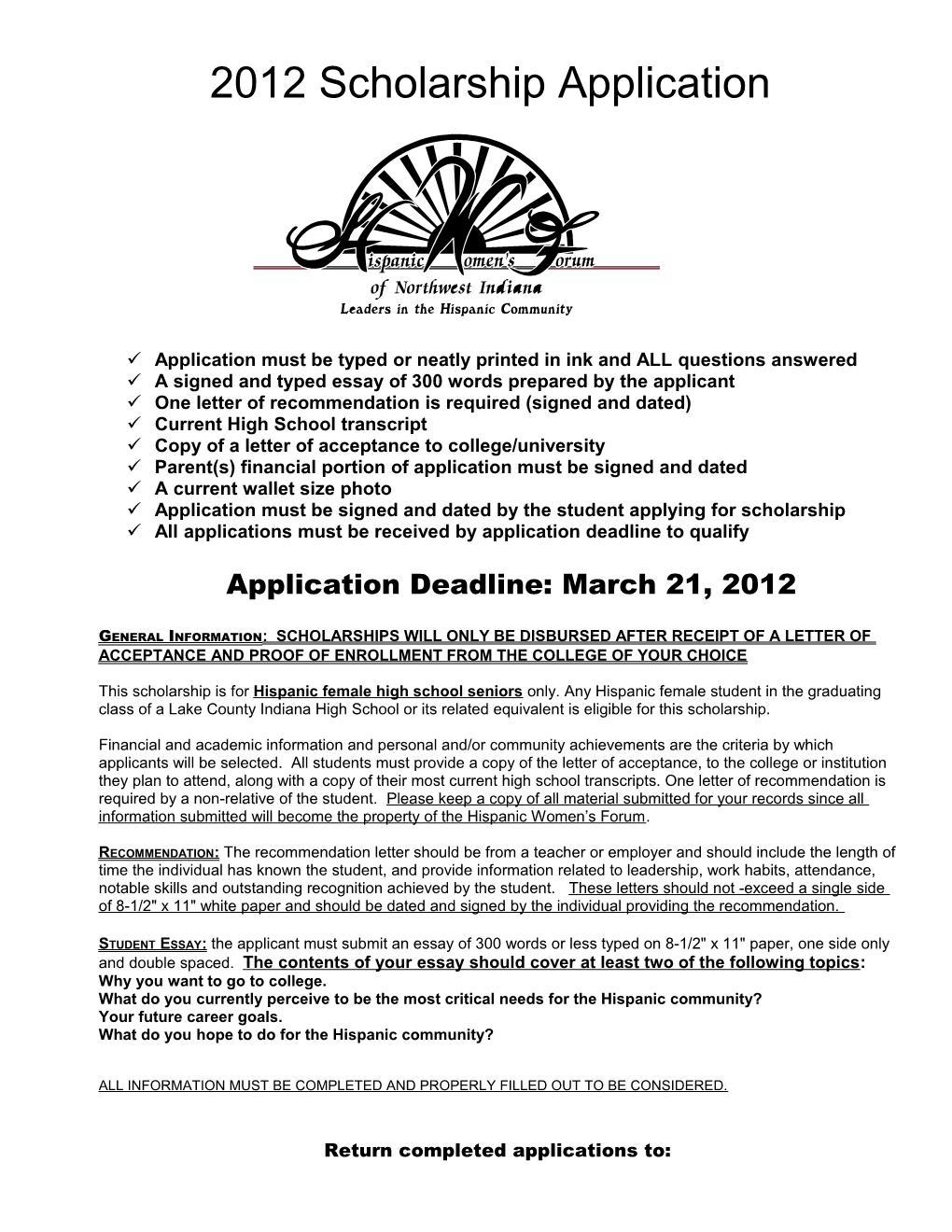2012 Scholarship Application