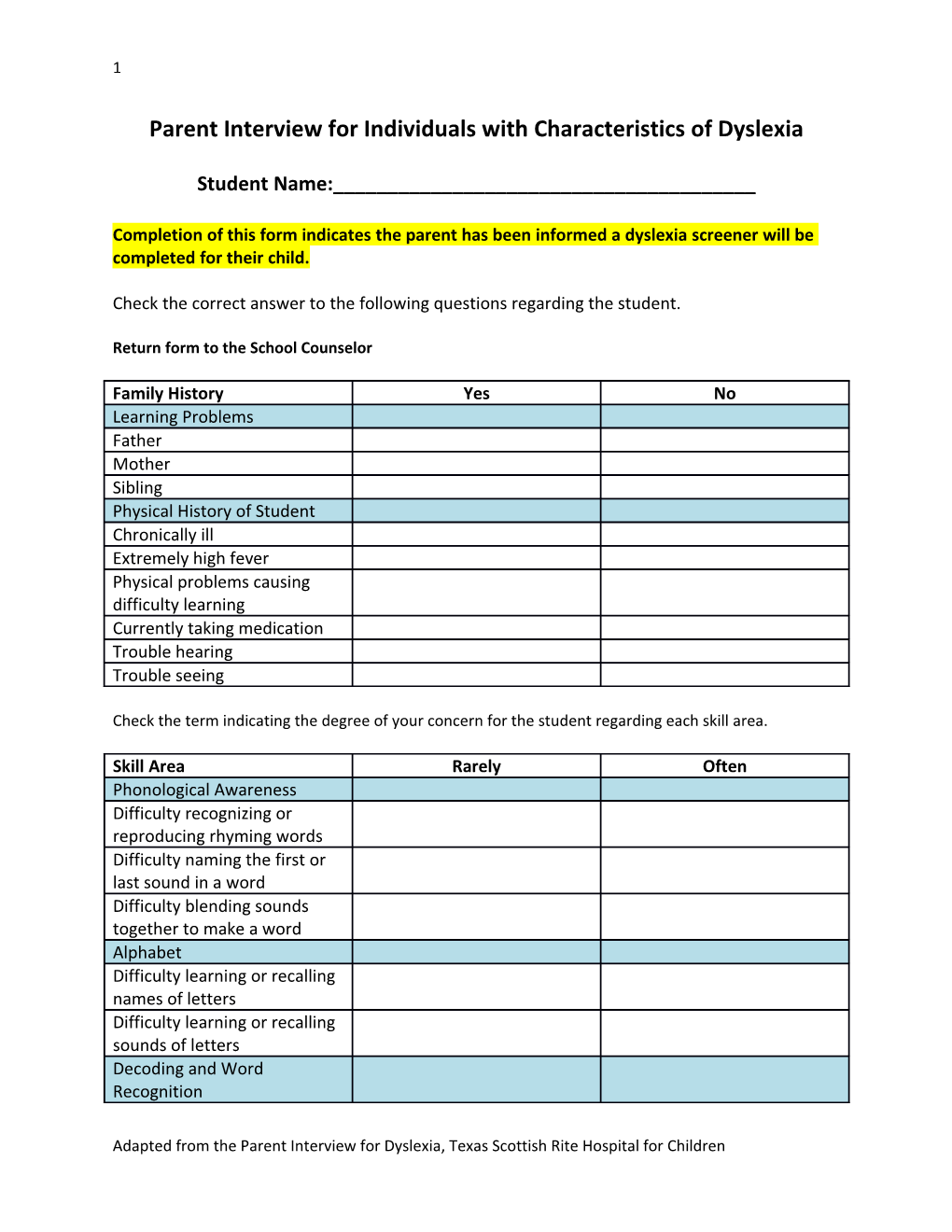 Parent Interview for Individuals with Characteristics of Dyslexia