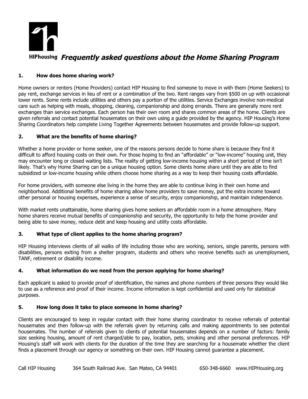 Frequently Asked Questions About the Home Sharing Program