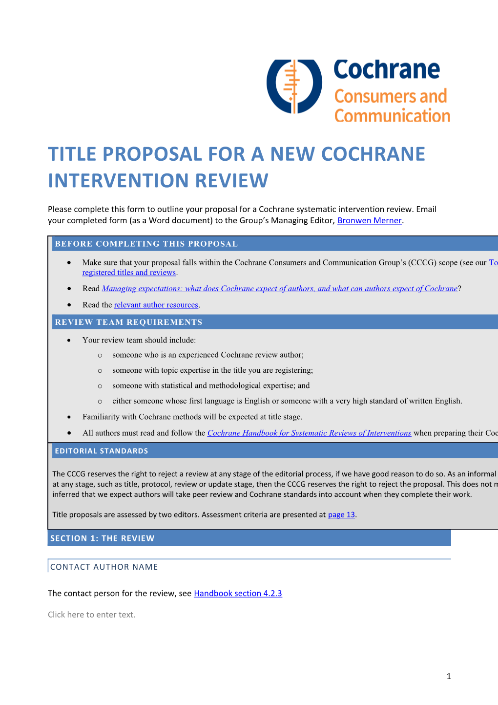 Title PROPOSAL for a NEW COCHRANE INTERVENTION REVIEW