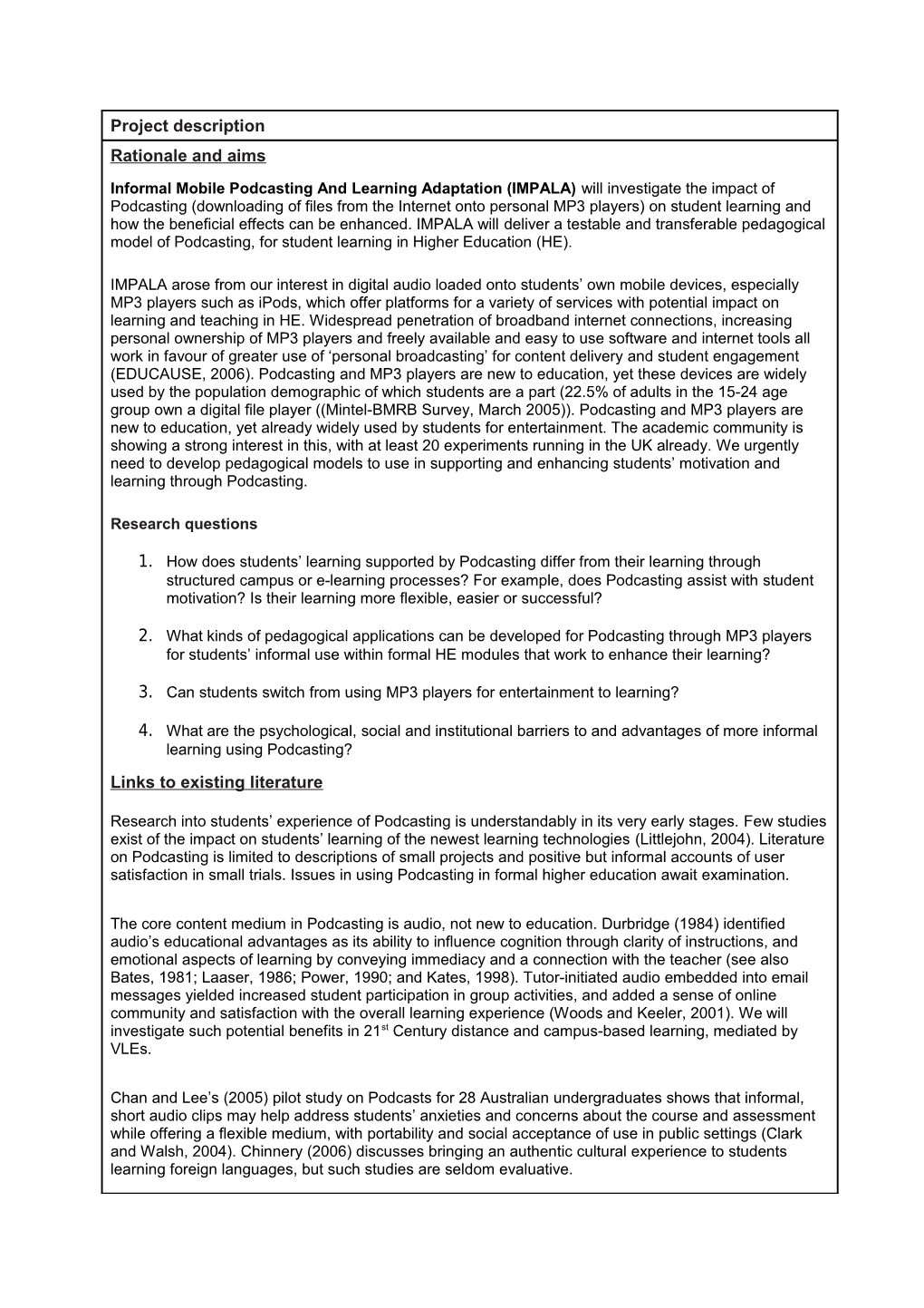 Higher Educationacademy E-Learning Research Grants 2006