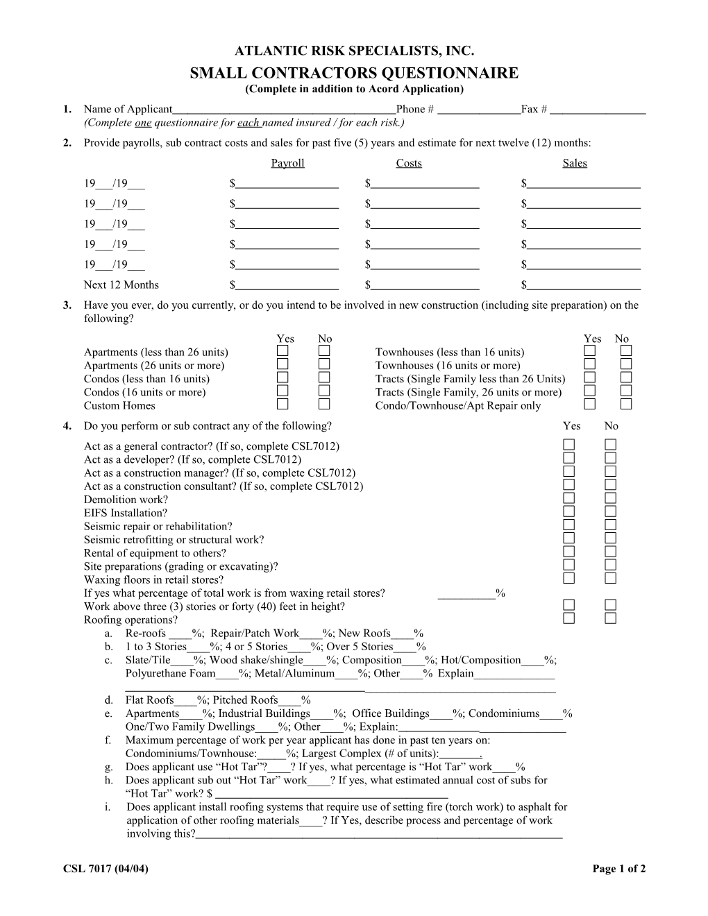 Small Contractors Questionnaire