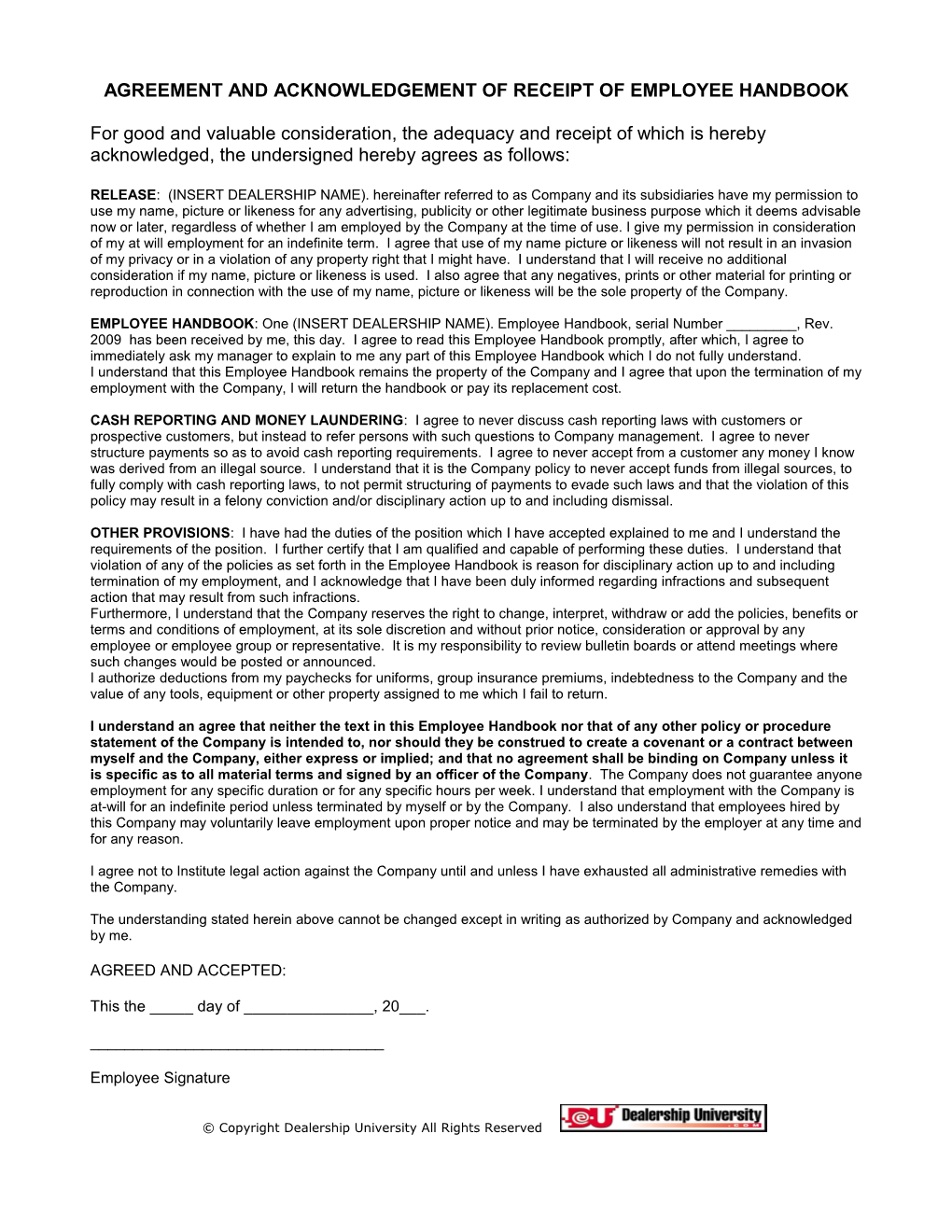 Agreement and Acknowledgement of Receipt of Employee Handbook