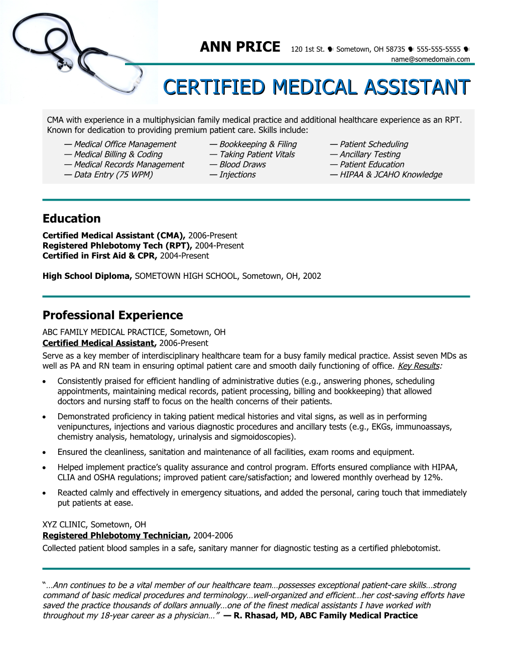 Sample Resume for a Medical Assistant