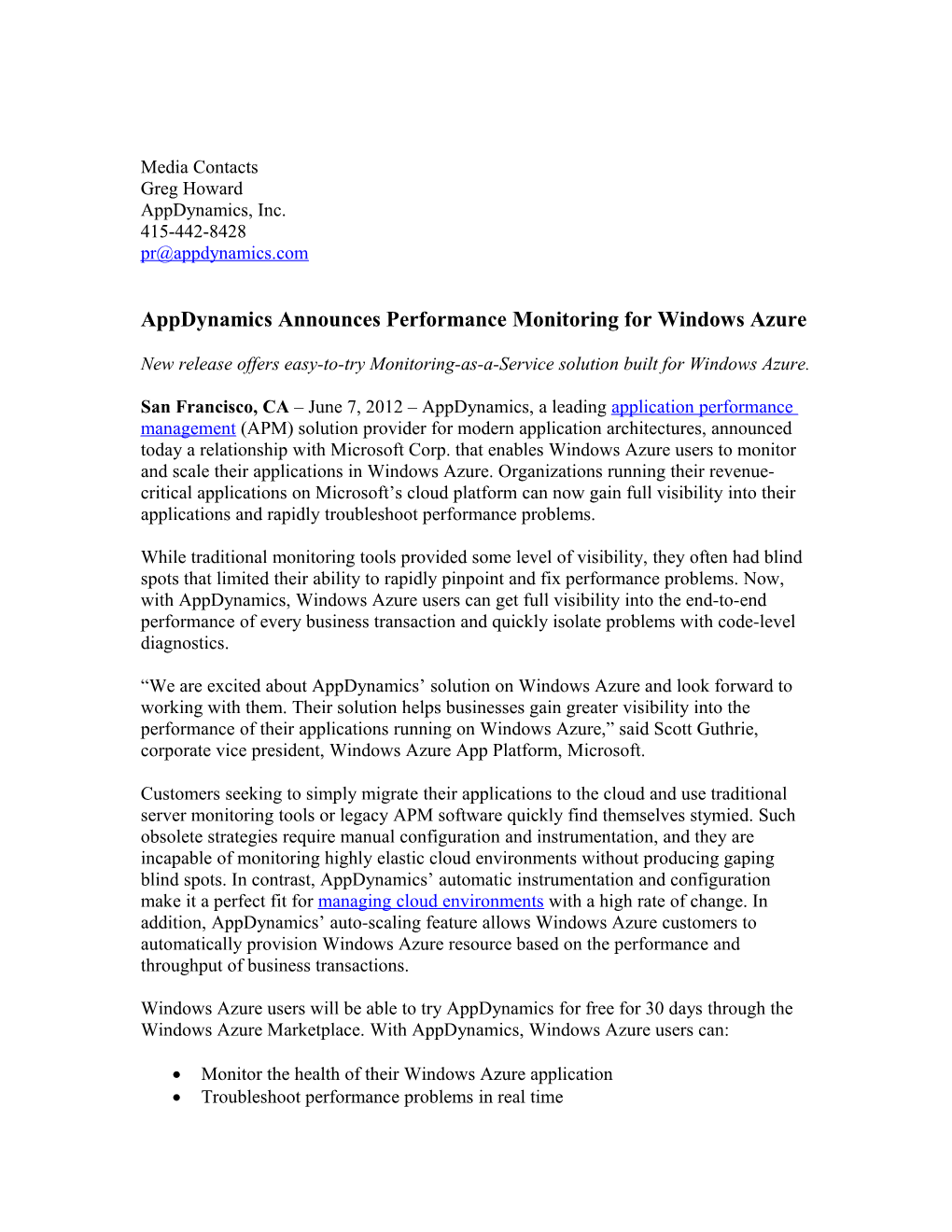 Appdynamics Announces Performancemonitoring for Windows Azure