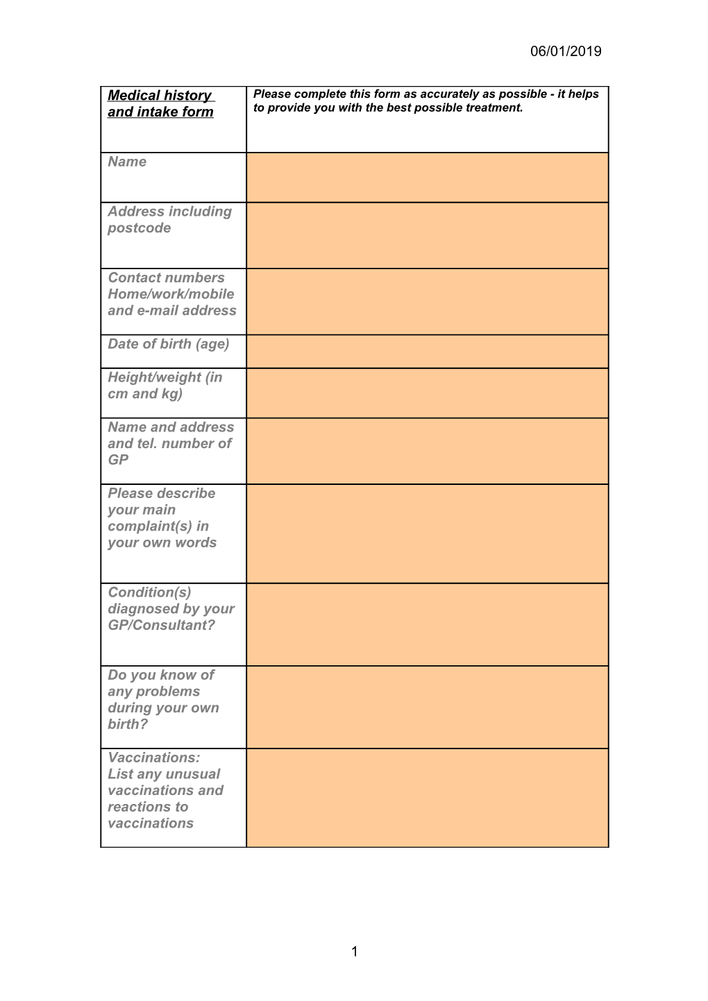 Medical History and Intake Form