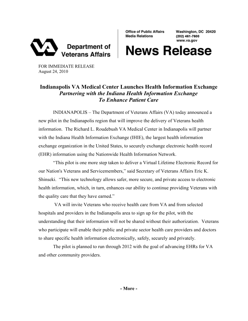 Indianapolis VA Medical Center Launches Health Information Exchange