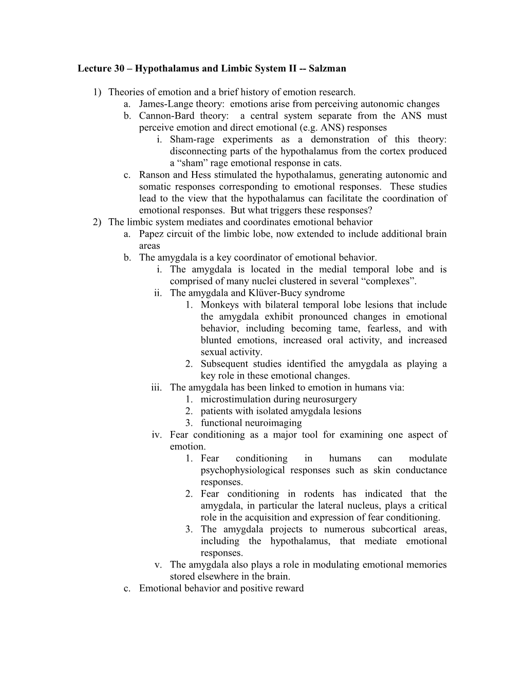 Lecture 30 Hypothalamus and Limbic System II Salzman