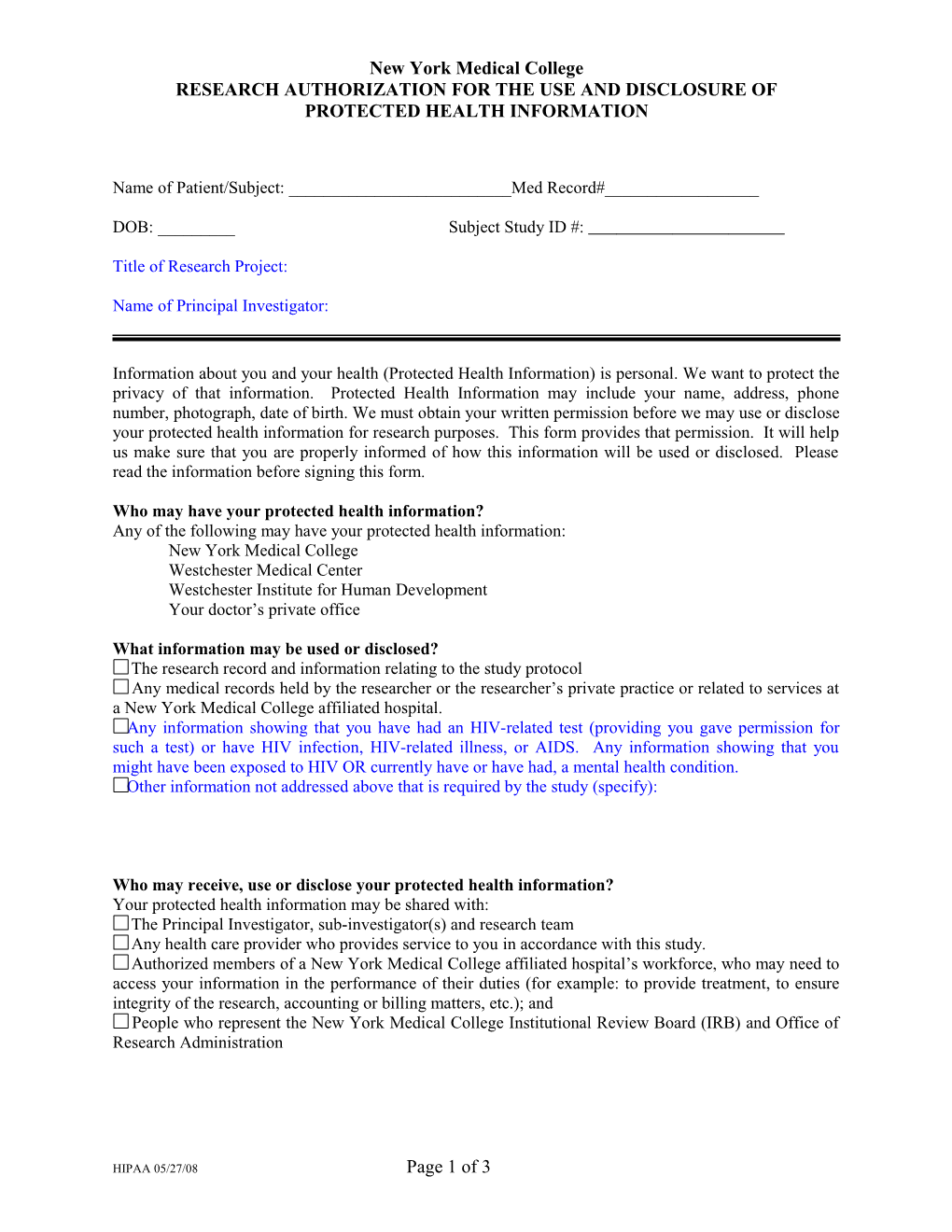 Research Authorization Form for the Use and Disclosure of Protected Health Information