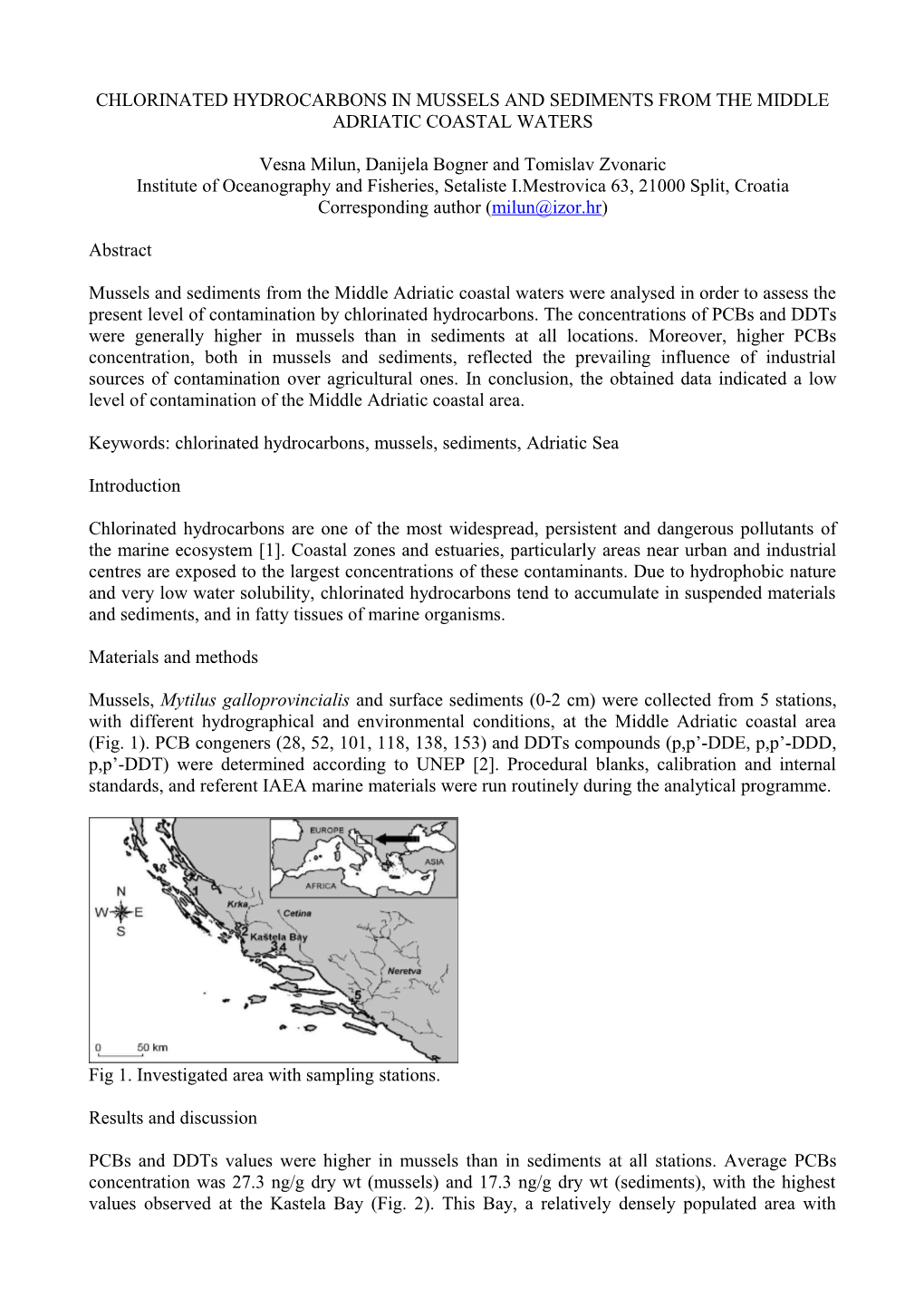 Organochlorinated Compounds in Mussels and Sediments from the Middle Adriatic Coastal Waters