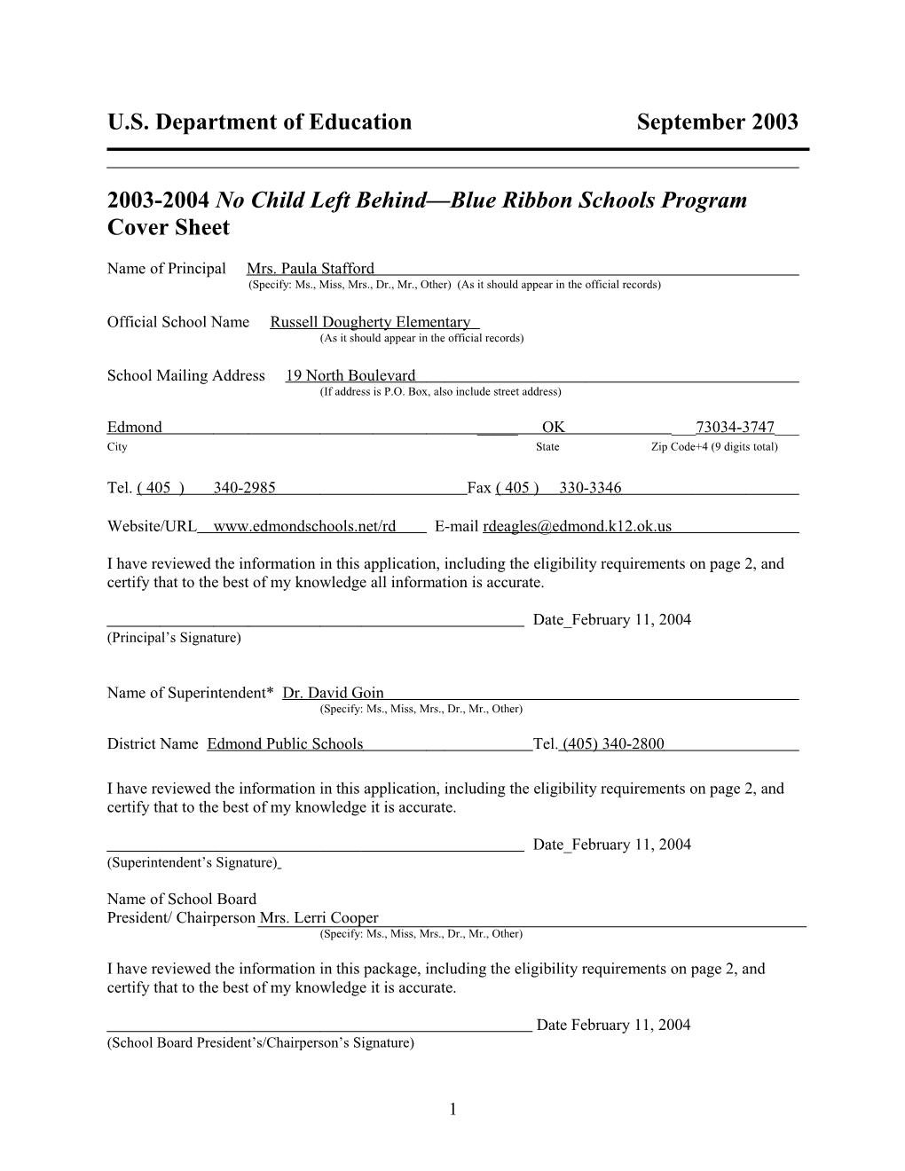 Russell Dougherty Elementary School 2004 No Child Left Behind-Blue Ribbon School Application