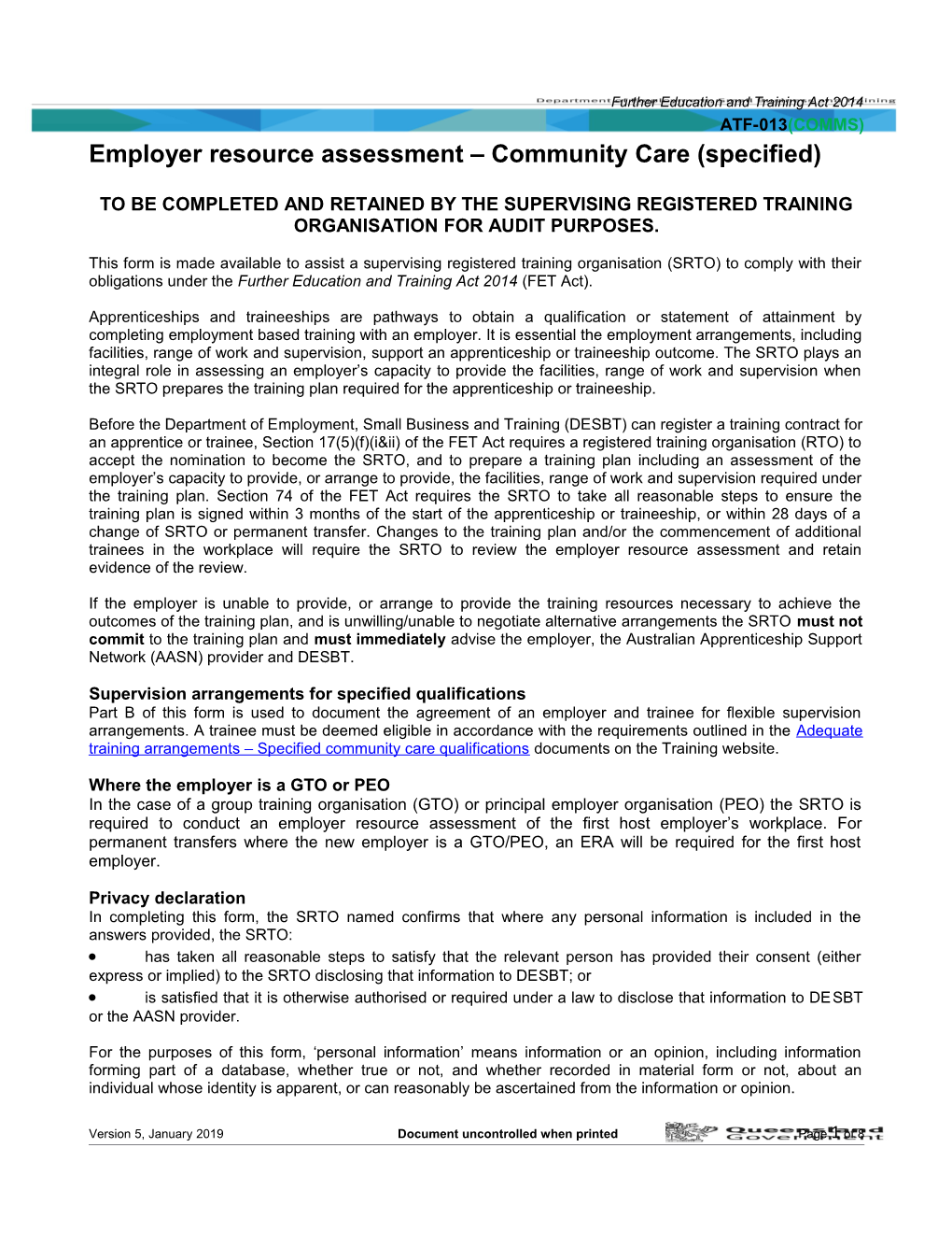 ATF-013(COMMS) Employer Resource Assessment - Community Care (Specified)