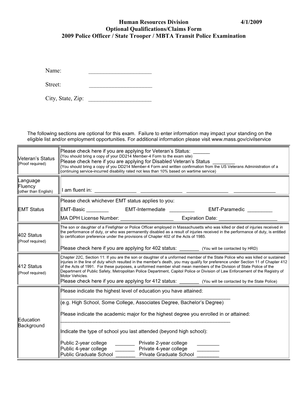 Optional Qualifications/Claims Form for the 2009 Police Officer/State Trooper/MBTA Transit