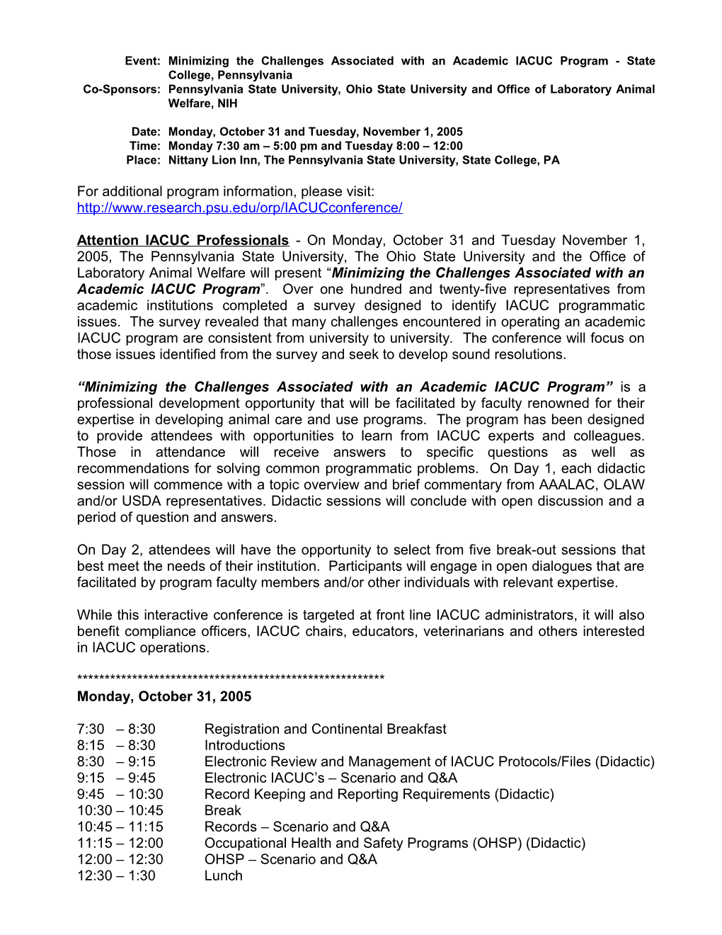 Penn State Registration for IACUC Program 08/18/2005