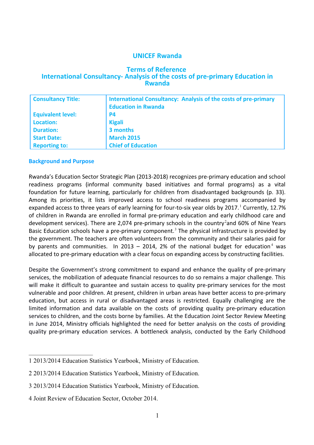 International Consultancy- Analysis of the Costs of Pre-Primary Education in Rwanda