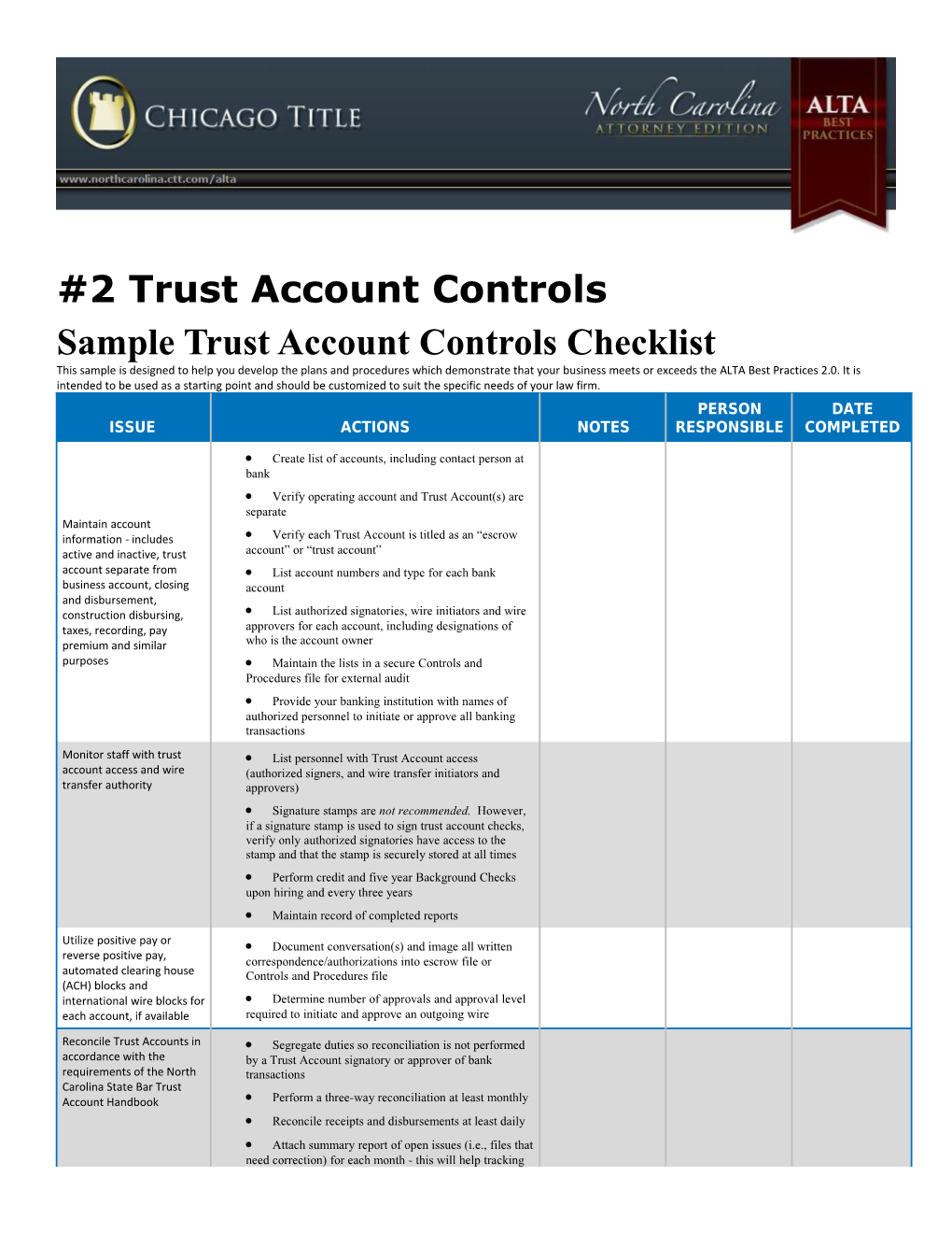 Sample Trust Account Controls Checklist