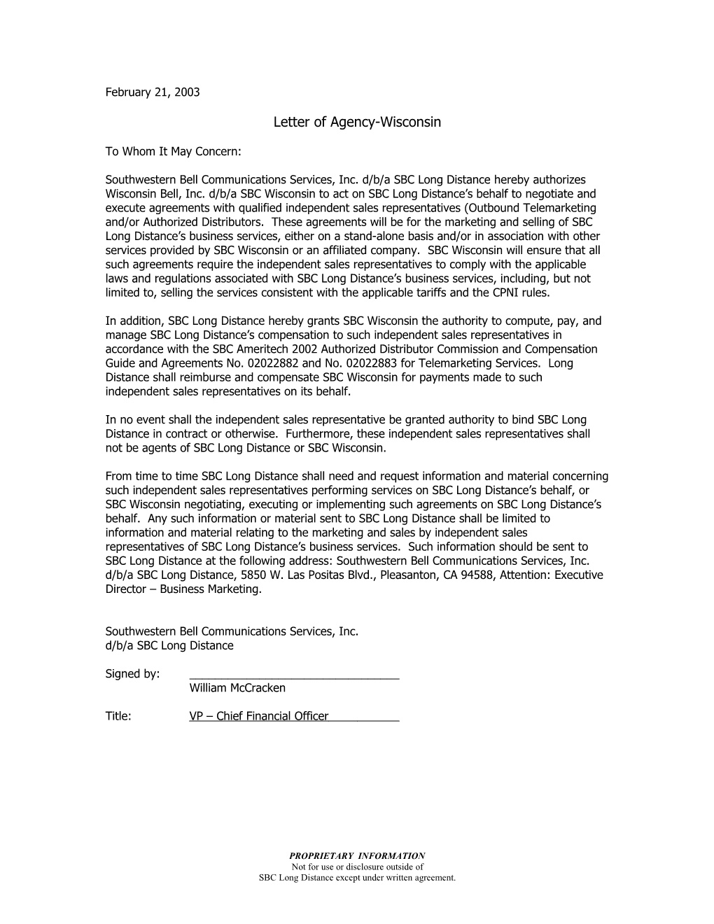 Letter of Agency-Wisconsin