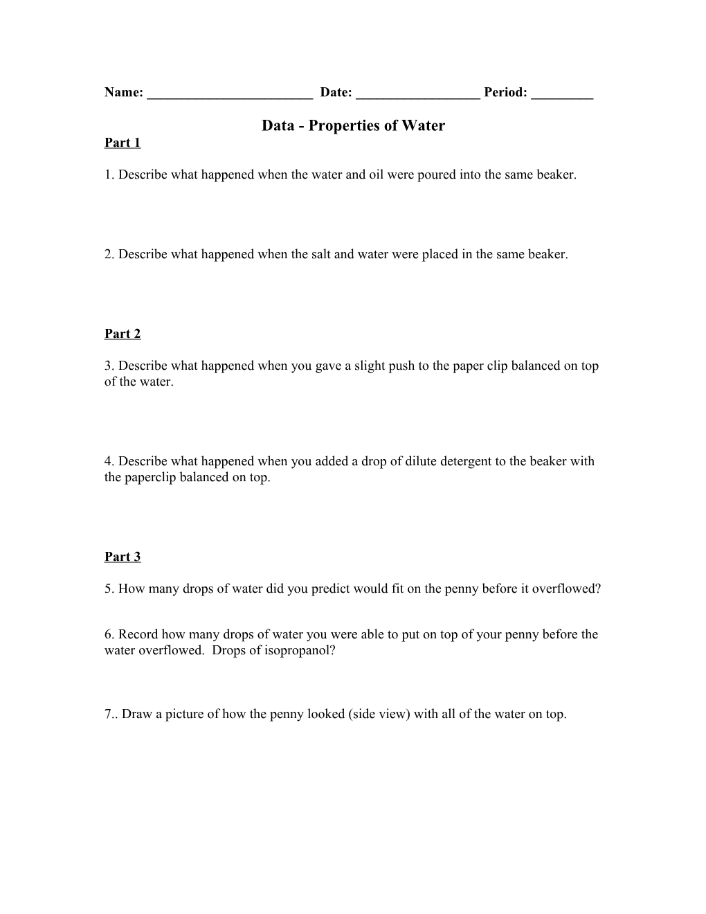 Data - Properties of Water