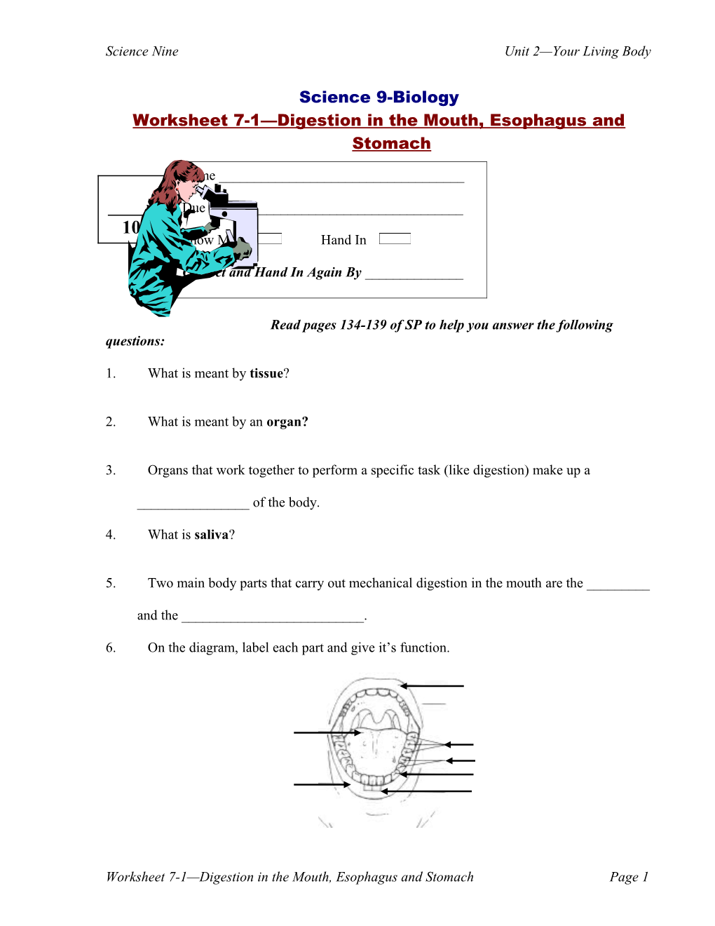 Worksheet 7-1 Digestion in the Mouth, Esophagus and Stomach