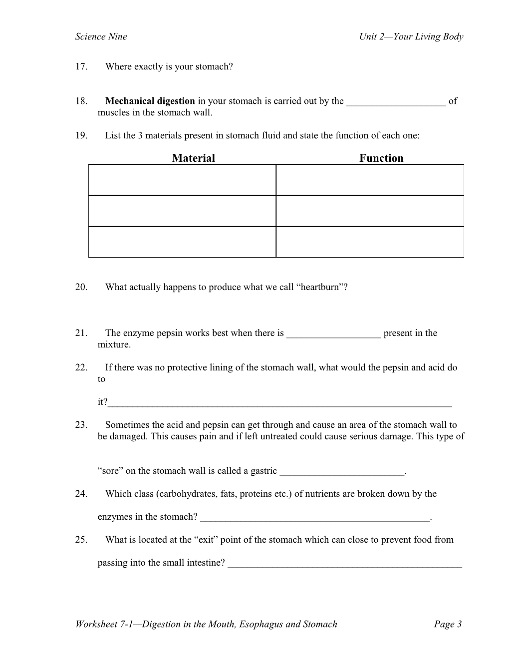 Worksheet 7-1 Digestion in the Mouth, Esophagus and Stomach