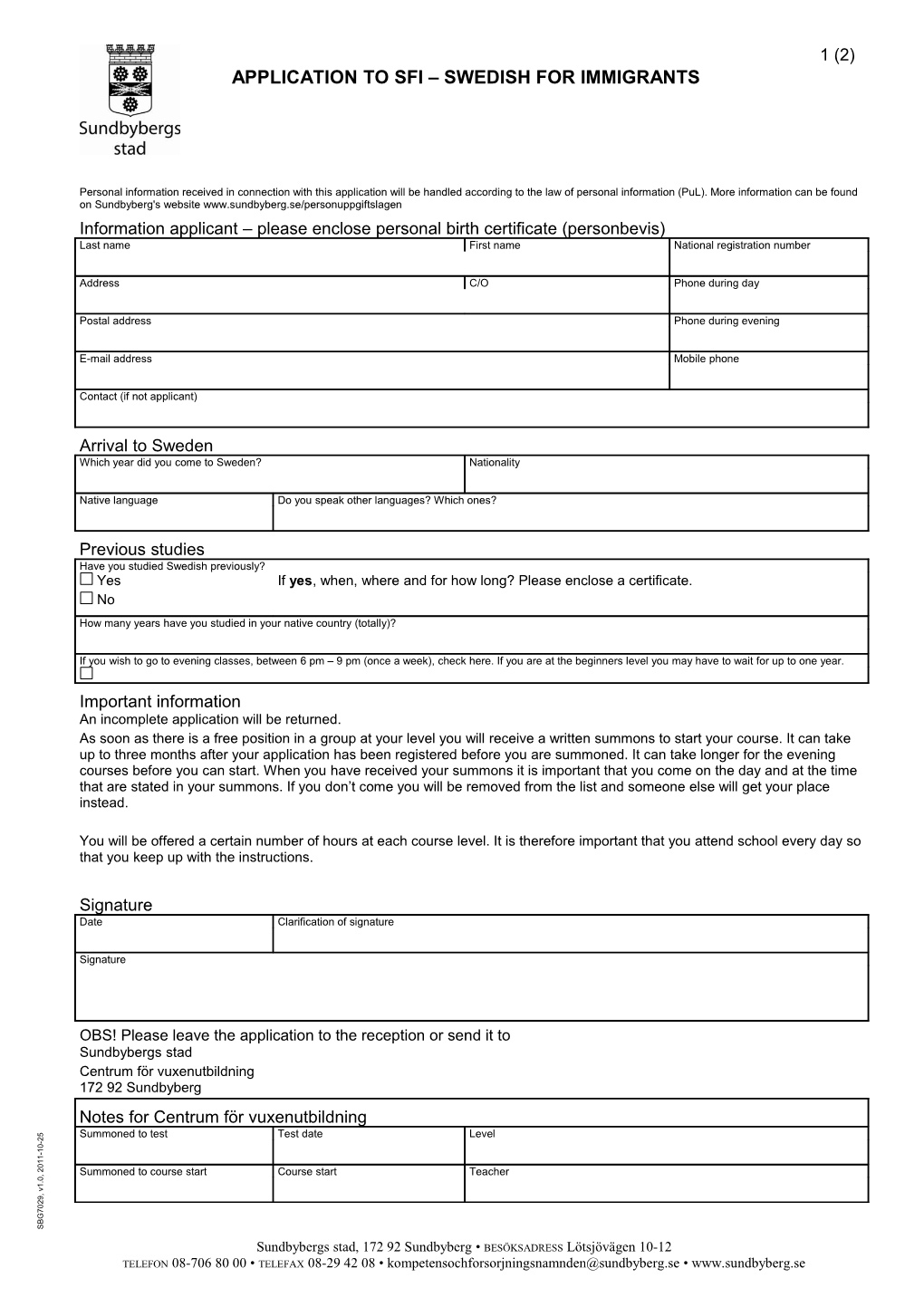 Application to Sfi Swedish for Immigrants