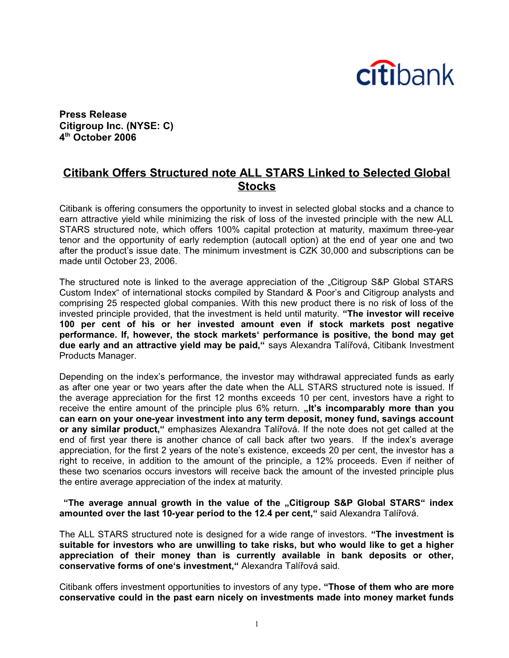 Citibank Offers Structured Note ALL STARS Linked to Selected Global Stocks
