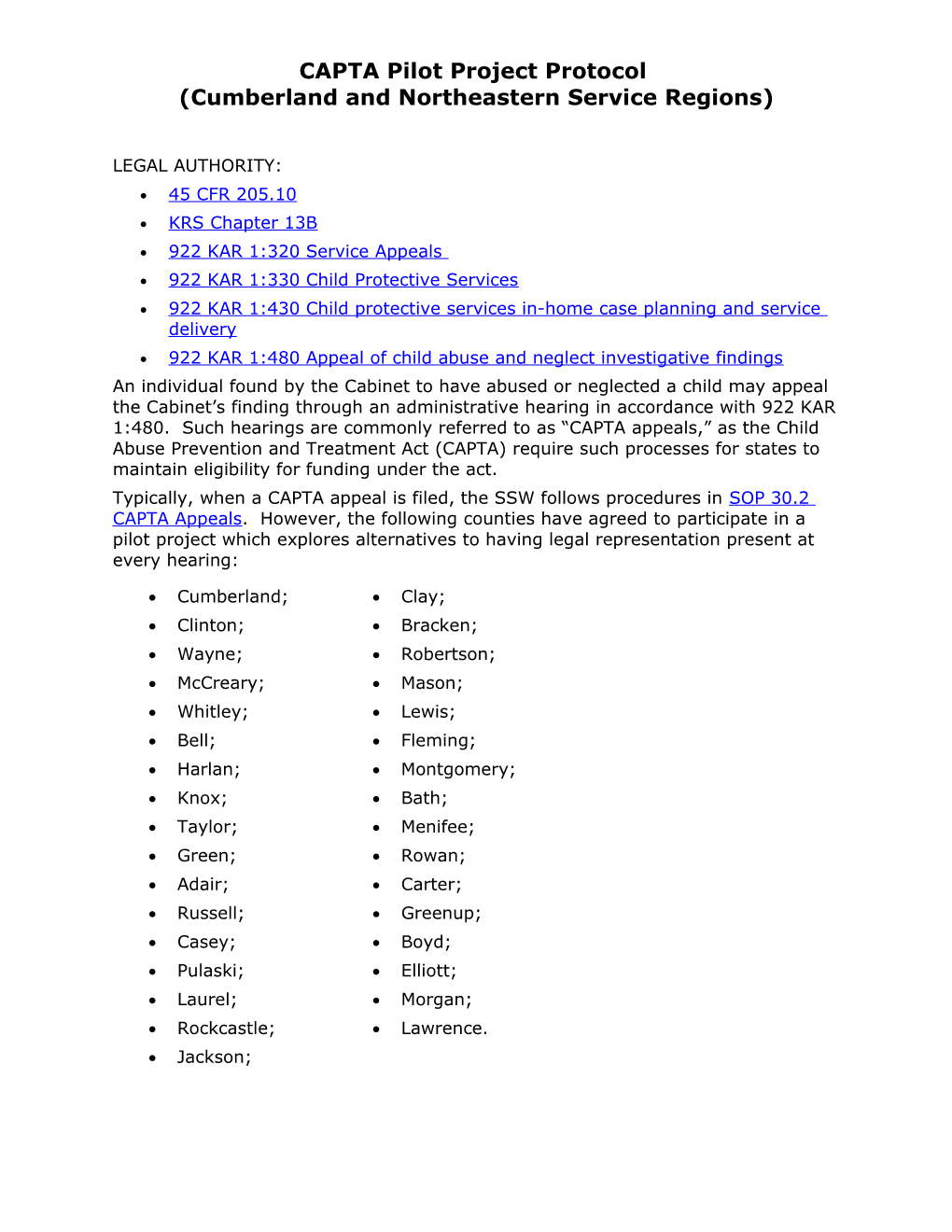 CAPTA Pilot Project Protocol (Cumberland and Northeastern Service Regions)