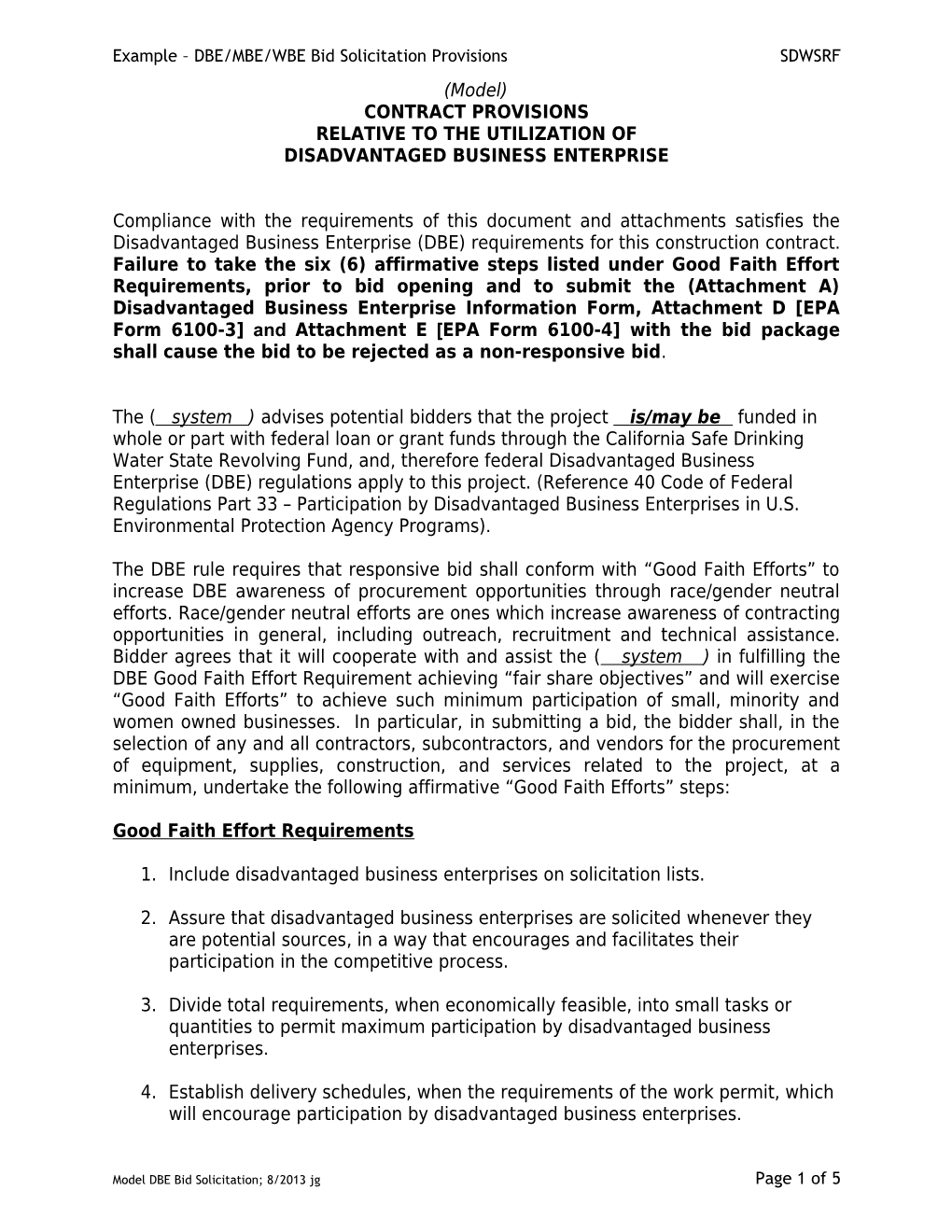 Model DBE Bid Solicitation Language