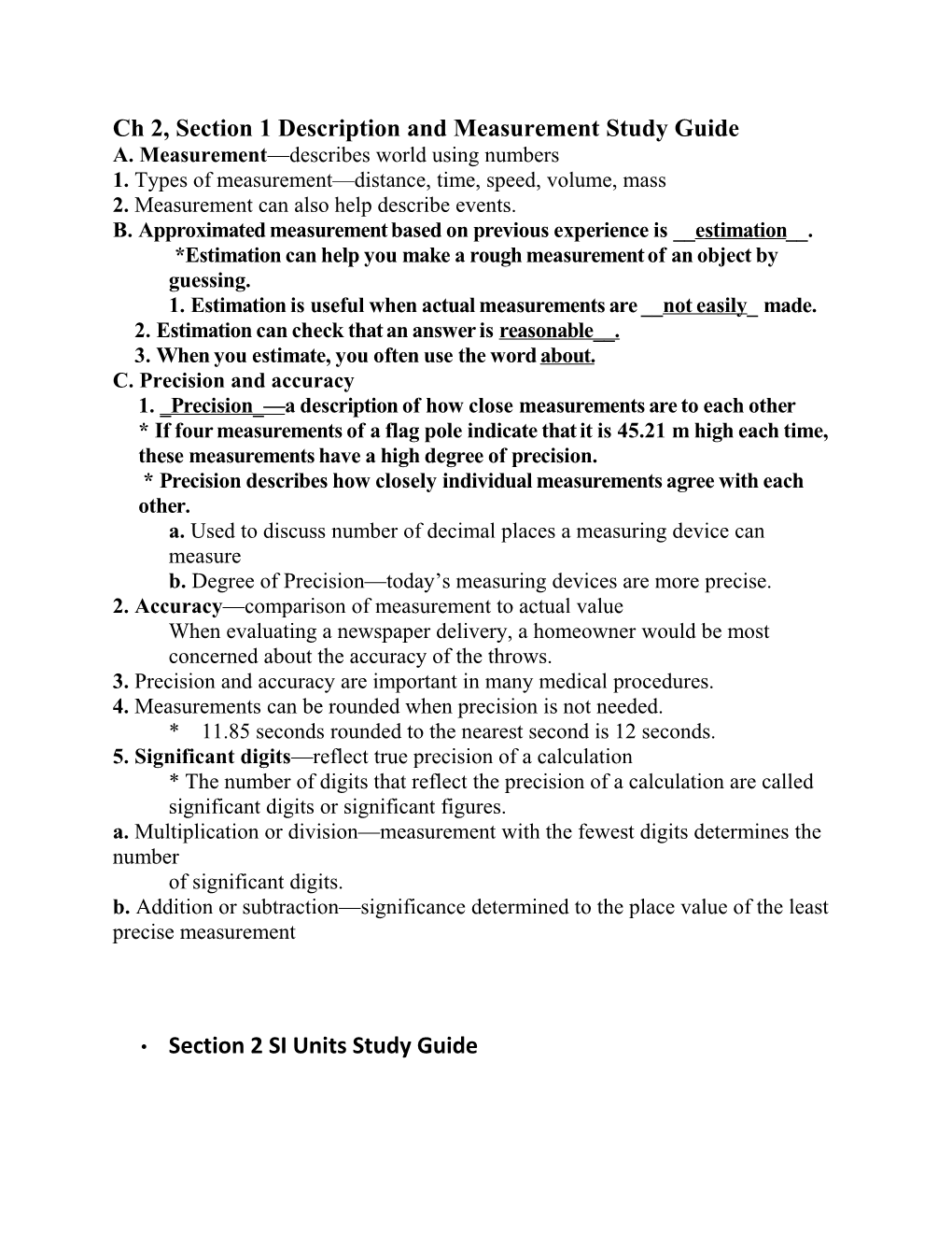 Ch 2, Section 1 Description and Measurement Study Guide