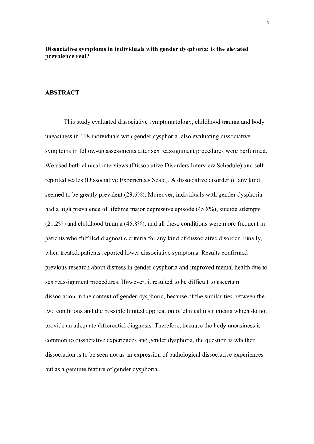 Dissociative Symptoms in Individuals with Gender Dysphoria: Is the Elevated Prevalence Real?