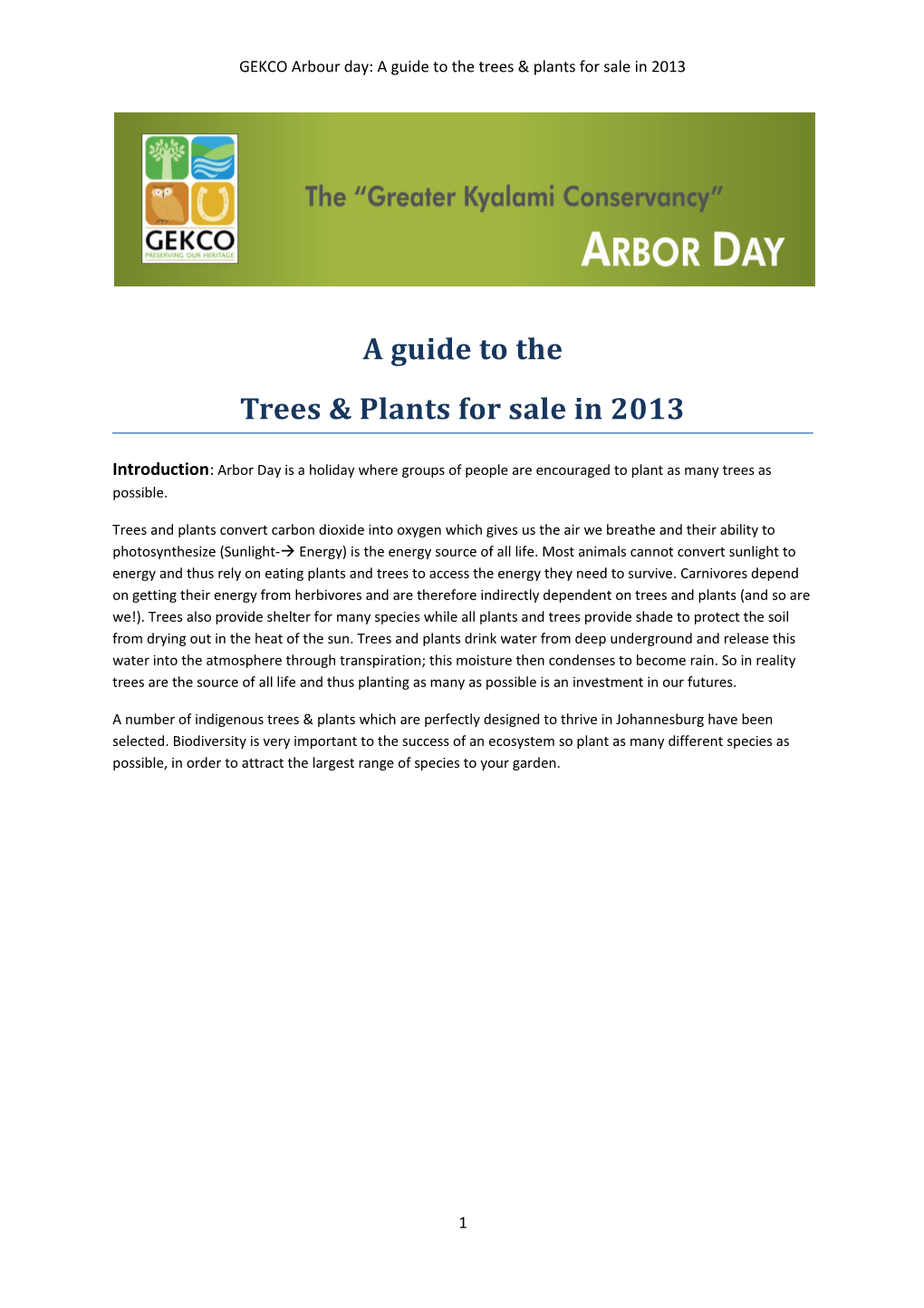 GEKCO Arbour Day: a Guide to the Trees & Plants for Sale in 2013