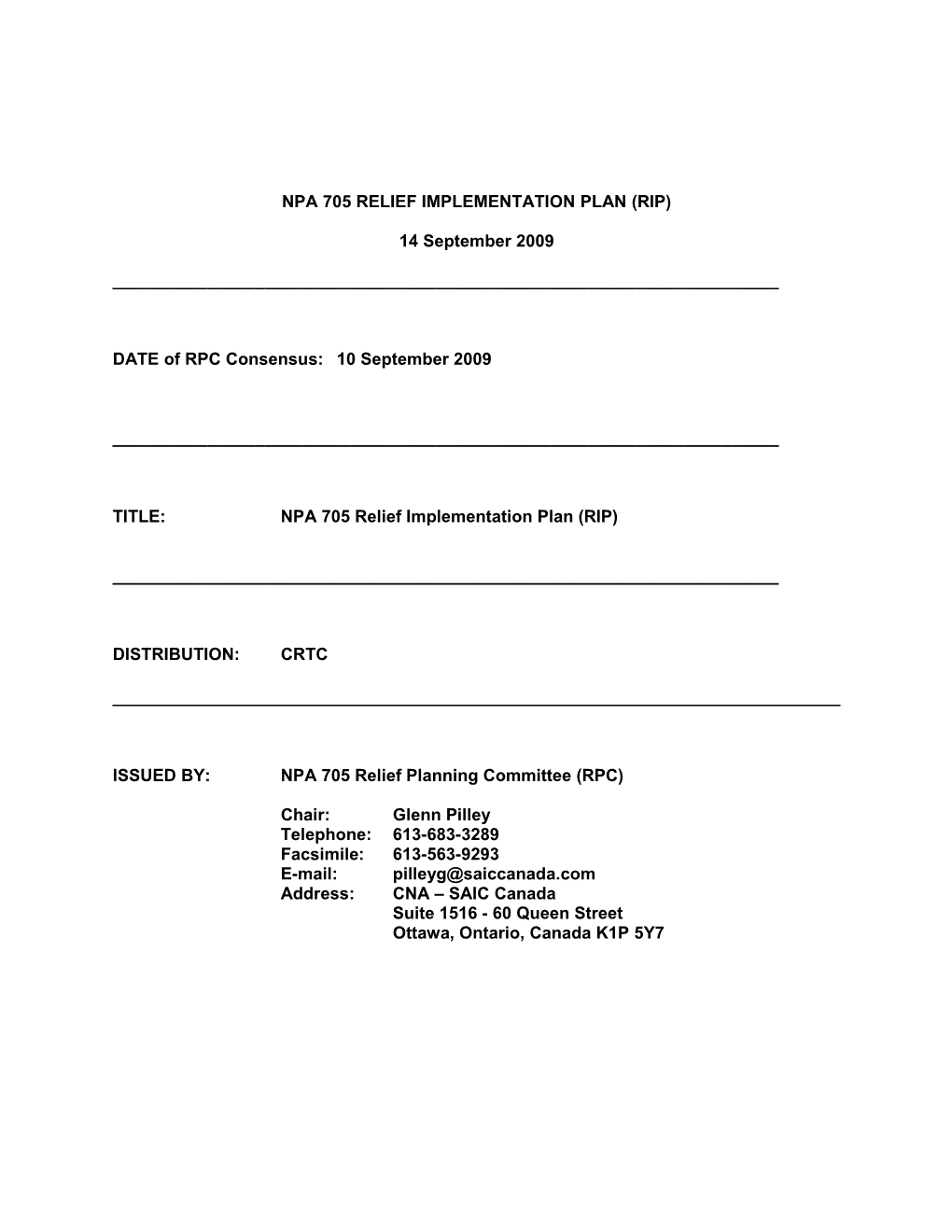 NPA 705 Relief Implementation Plan