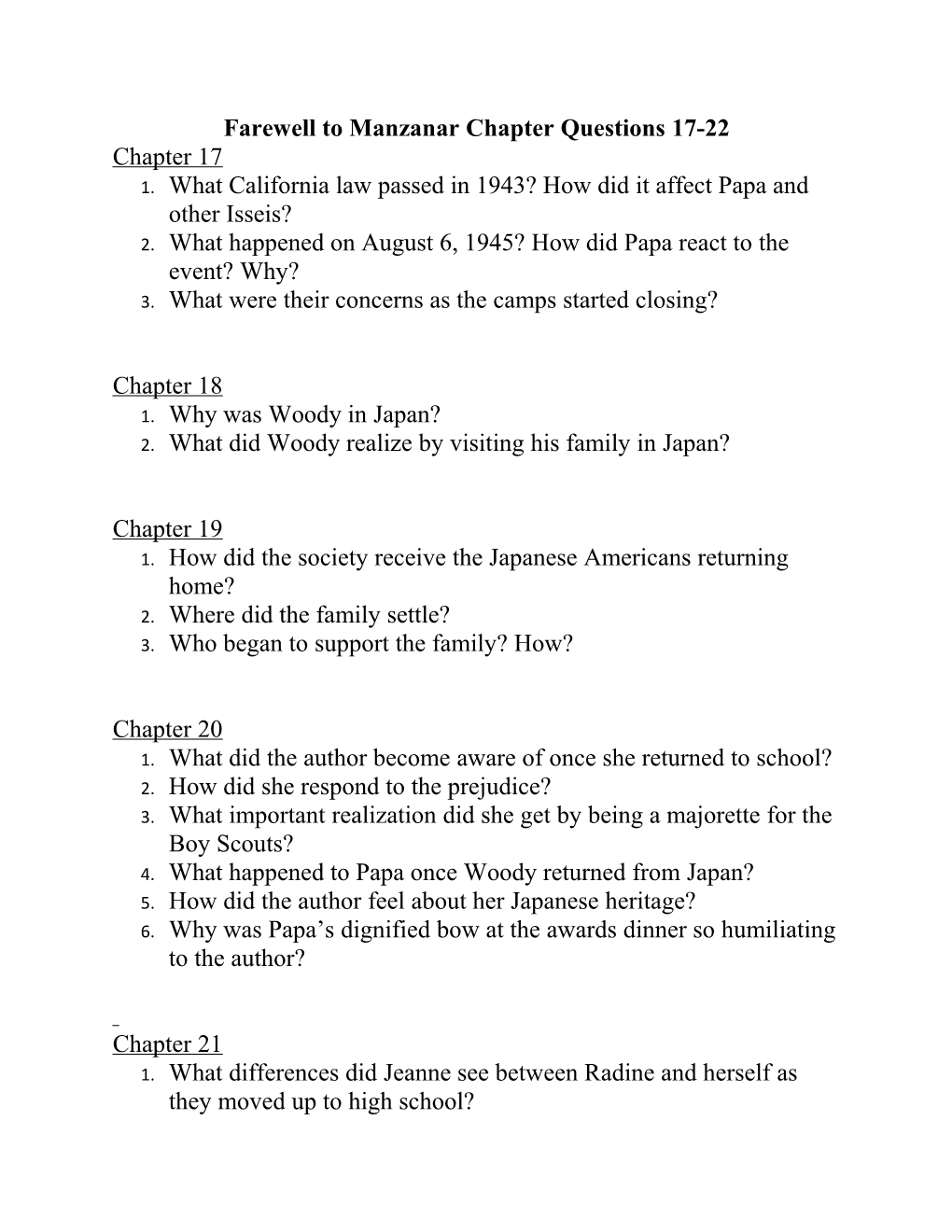 Farewell to Manzanar Chapter Questions 17-22