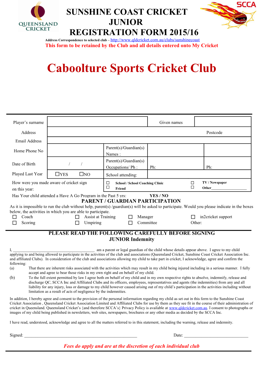 Address Correspondence to Selected Club