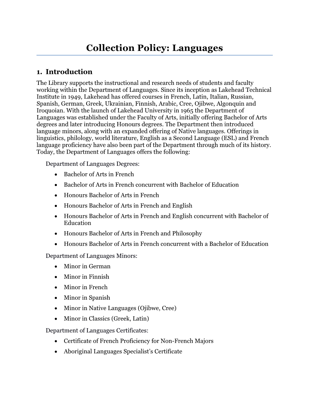 Collection Policy: Languages