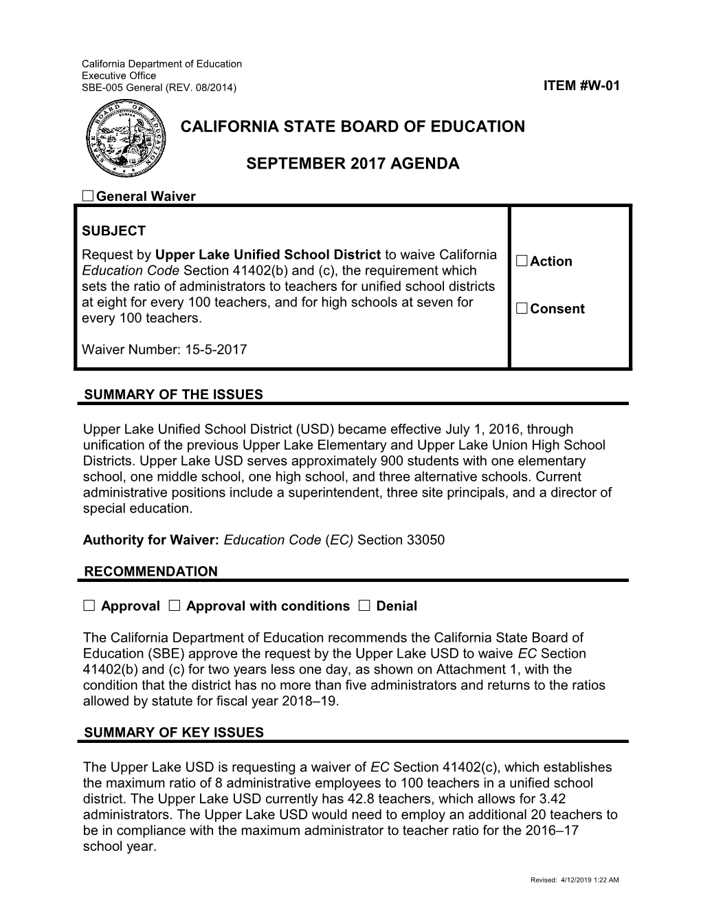 September 2017 Waiver Item W-01 - Meeting Agendas (CA State Board of Education)
