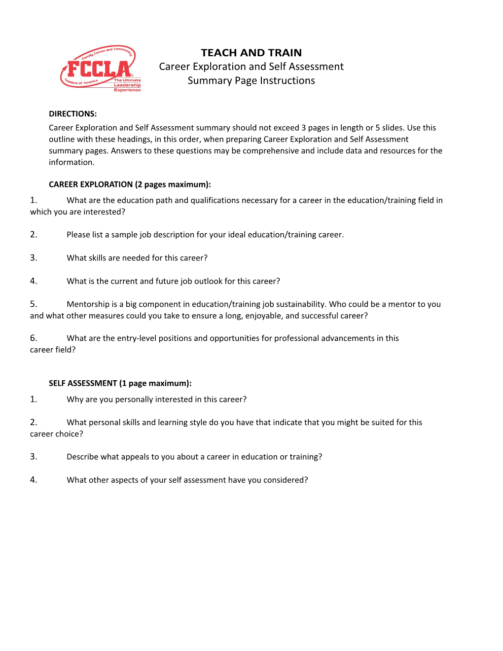 Career Exploration and Self Assessmentsummary Page Instructions