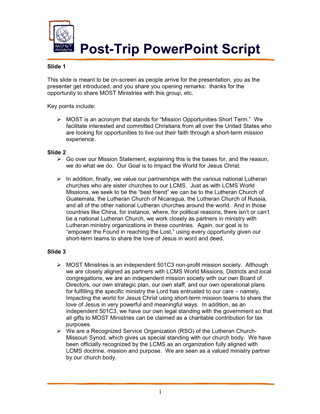 Script for MOST Ministries Powerpoint Presentation