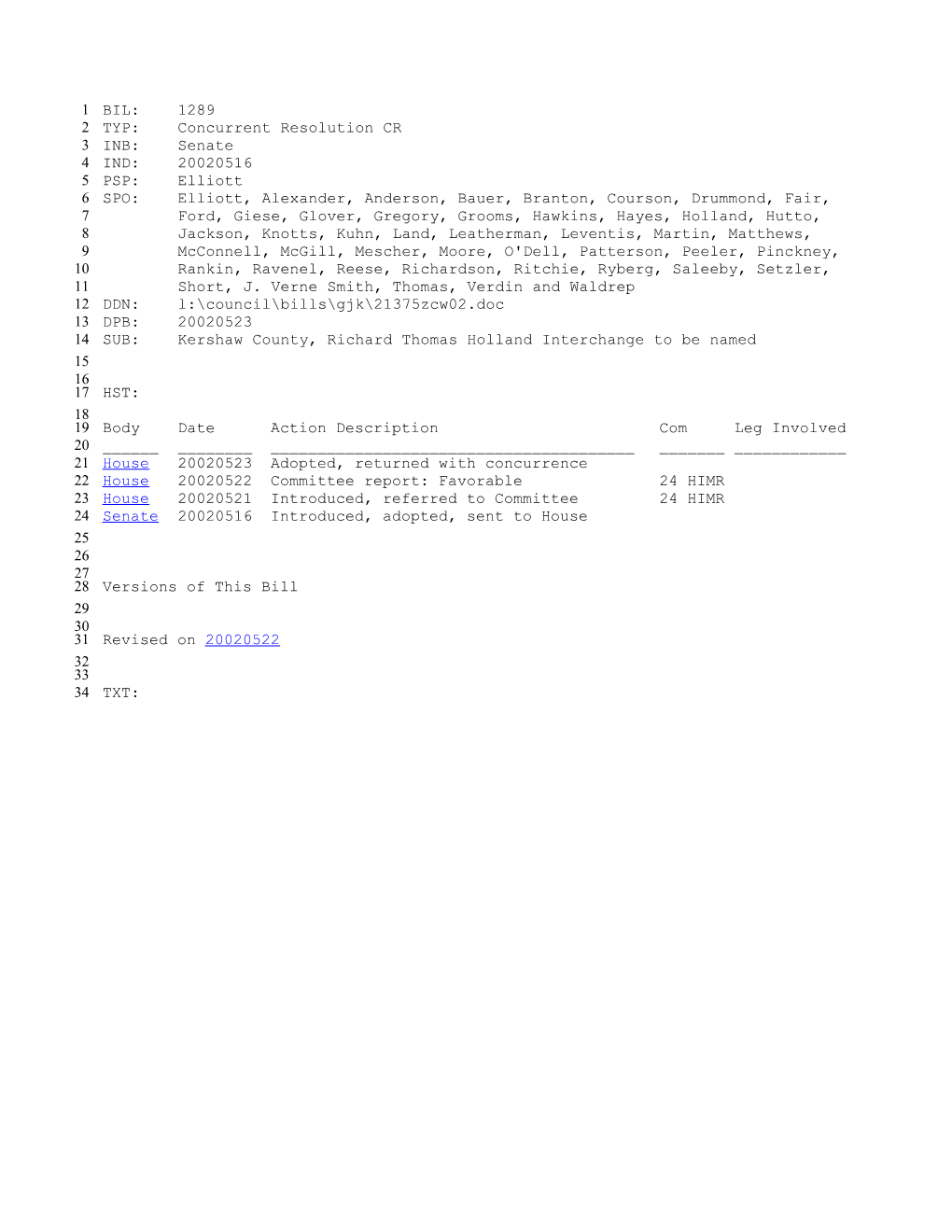 2001-2002 Bill 1289: Kershaw County, Richard Thomas Holland Interchange to Be Named - South