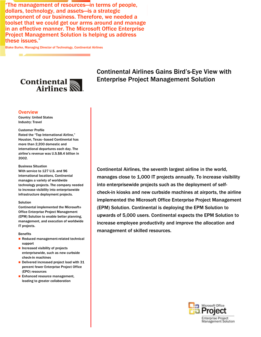 Continental Airlines Gains Bird S-Eye View with Enterprise Project Management Solution