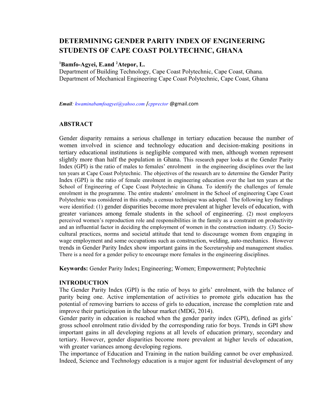Determining Gender Parity Index of Engineering Students of Cape Coast Polytechnic, Ghana