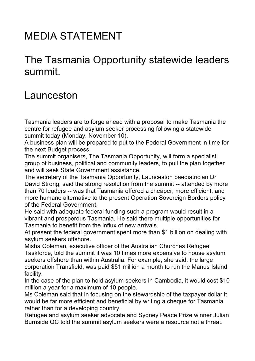 The Tasmania Opportunity Statewide Leaders Summit