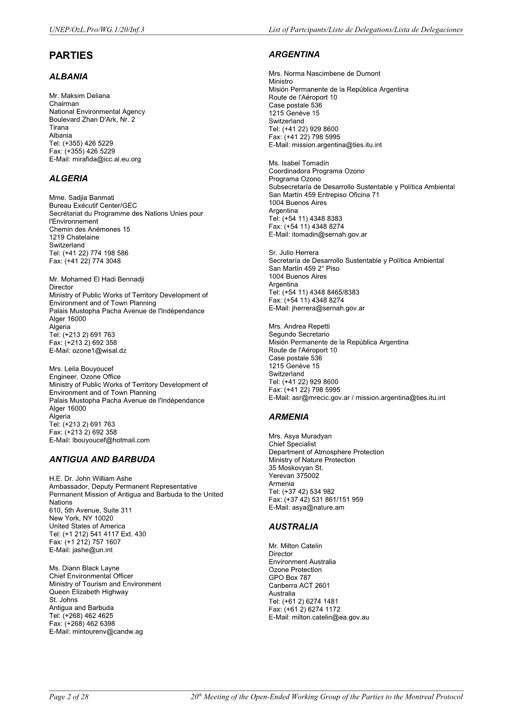 List of Partcipants/Liste De Delegations/Lista De Delegacionesunep/Ozl.Pro/WG.1/20/Inf.3