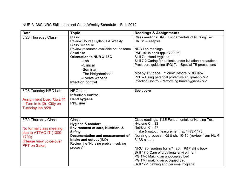 NUR 3138C NRC Skills Lab and Class Weekly Schedule Fall, 2012