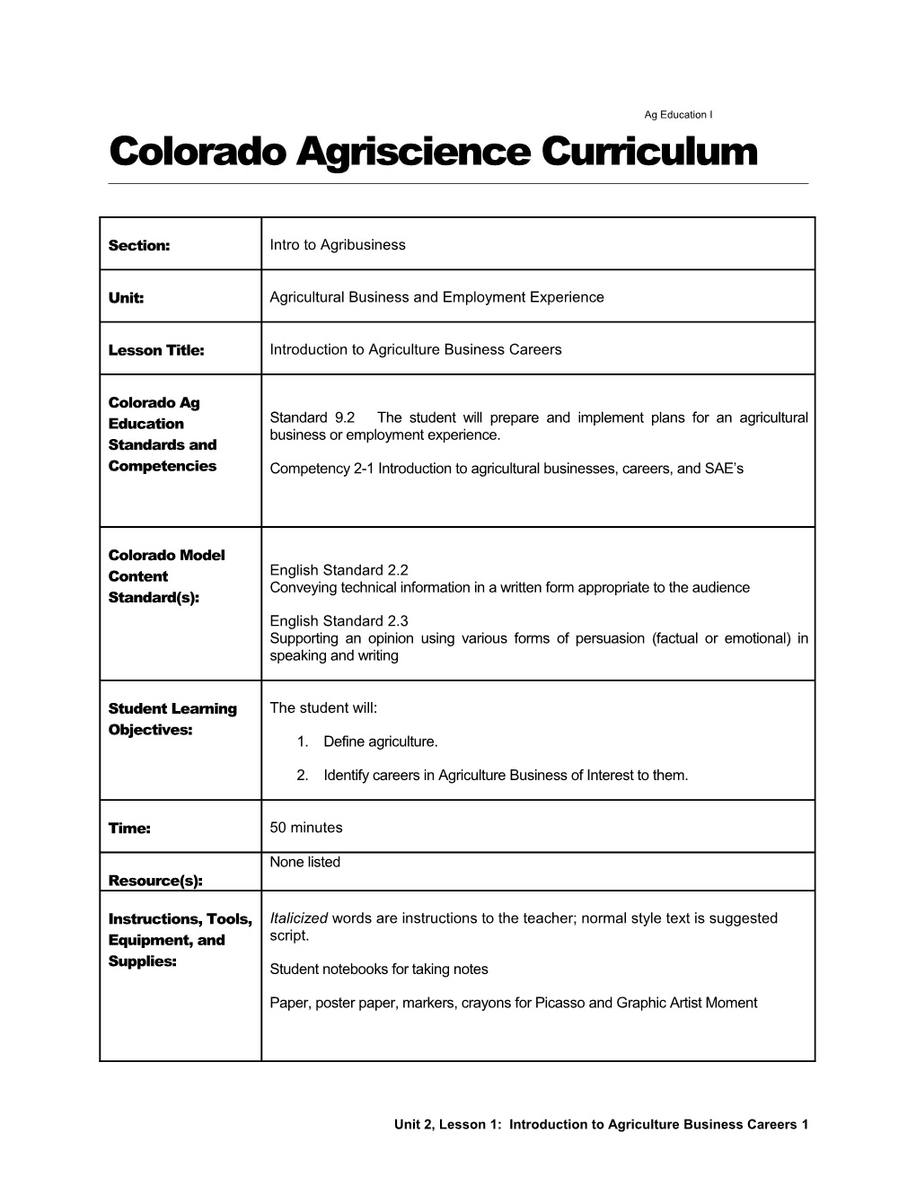 Unit 2, Lesson 1: Introduction to Agriculture Business Careers 1