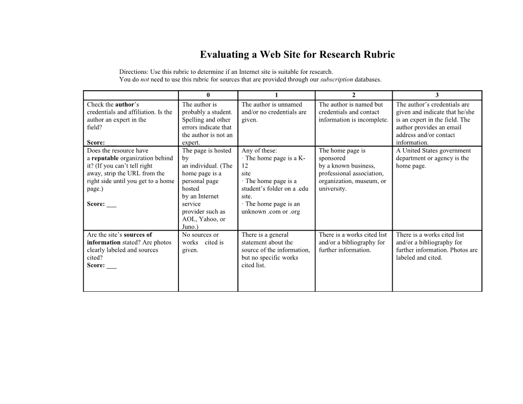 Evaluating a Web Site for Research Rubric