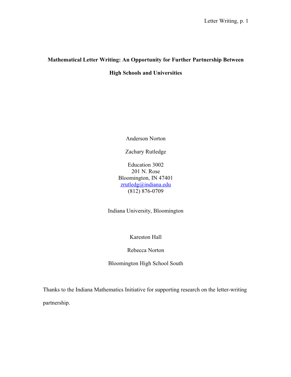 Mathematical Letter Writing: an Opportunity for Further Partnership Between High Schools