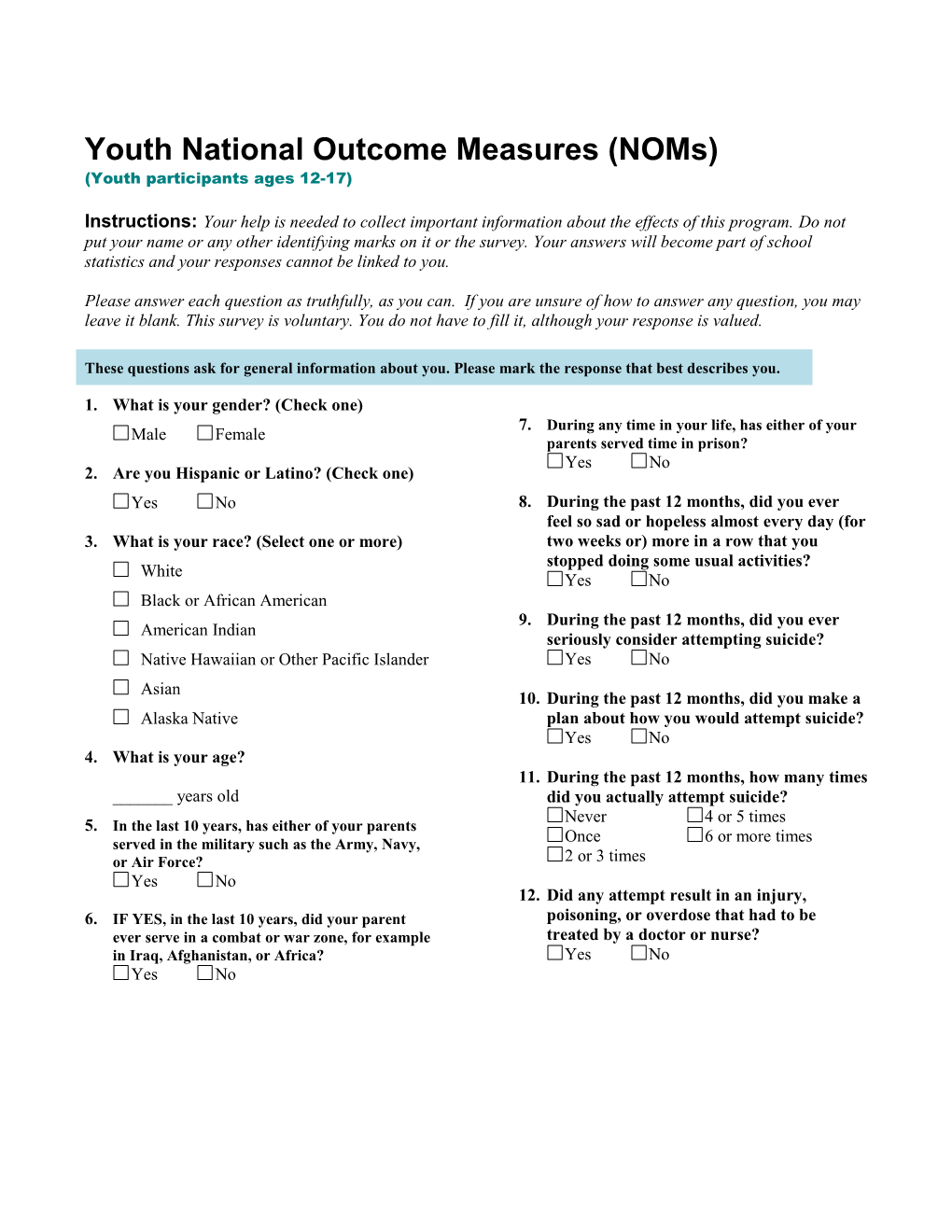 Youth National Outcome Measures (Noms)